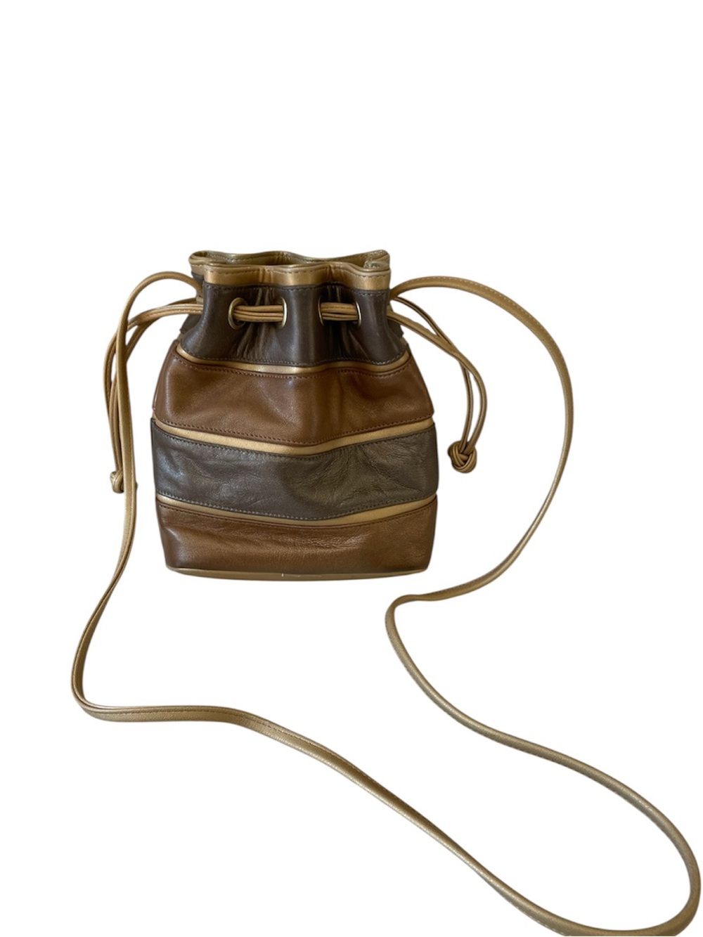 Vintage Leather Mini Drawstring Bucket Crossbody Bag Gold Bronze Pewter